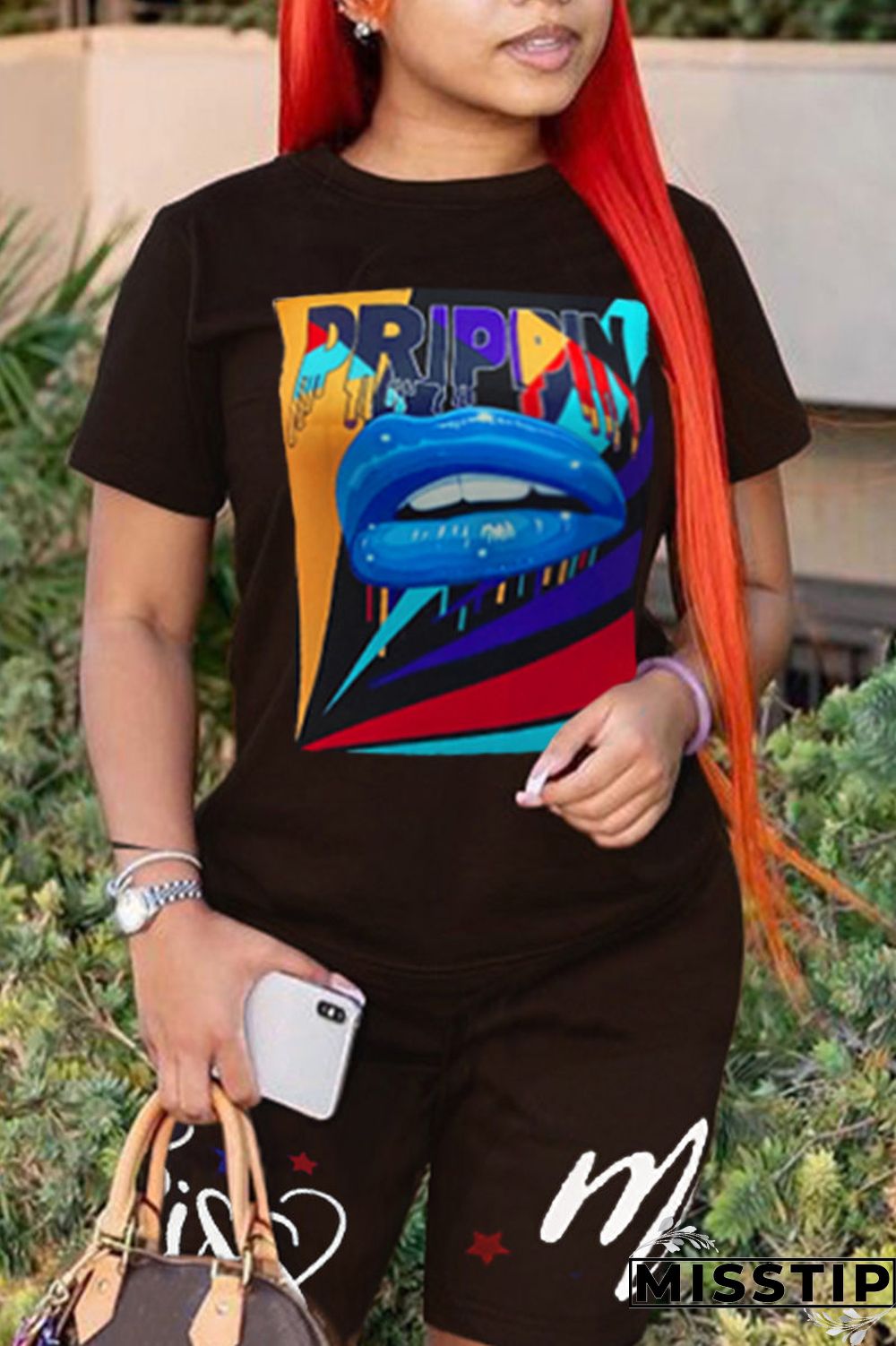 Black Fashion Casual Print Basic O Neck Short Sleeve Two Pieces