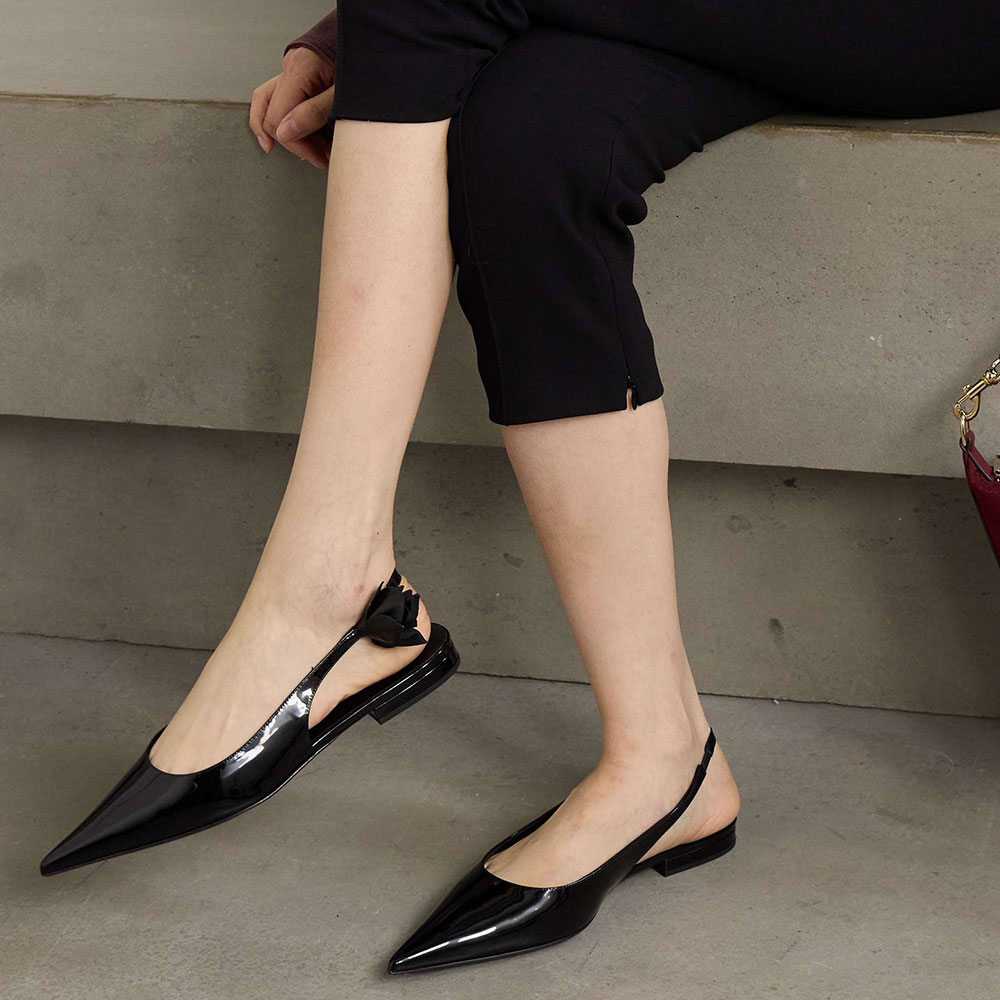 Black Patent Leather Floral Embellished Pointed Toe Slingback Shoes Nicepairs