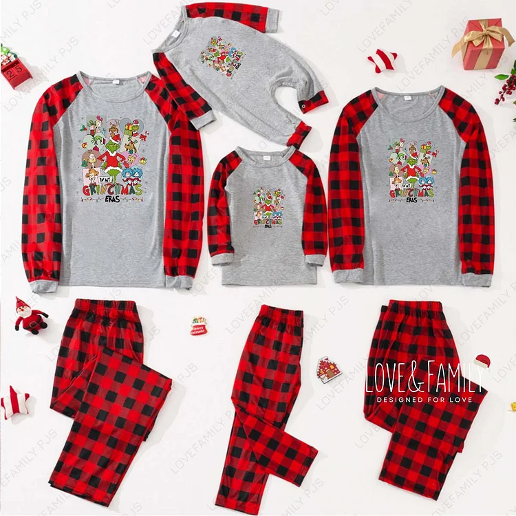 Christmas Grinch Eras Buffalo Plaids Family Pajamas Sets(Gray)