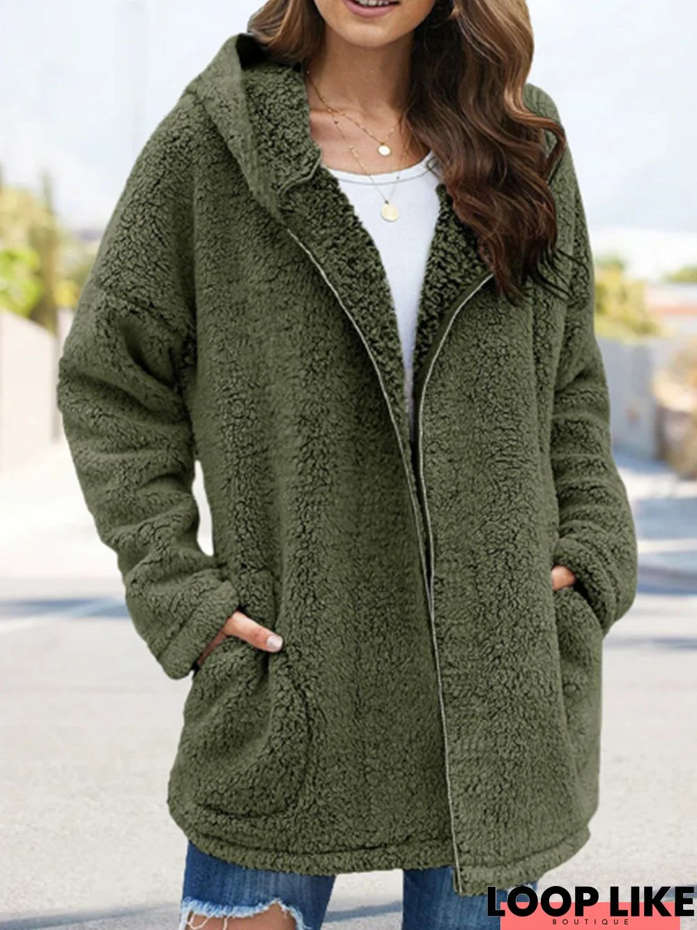 Plain Long Sleeve Hoodie Pockets Casual Plush Coat