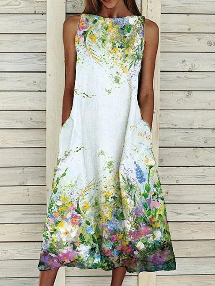 Floral Print Sleeveless Midi Dress P11933