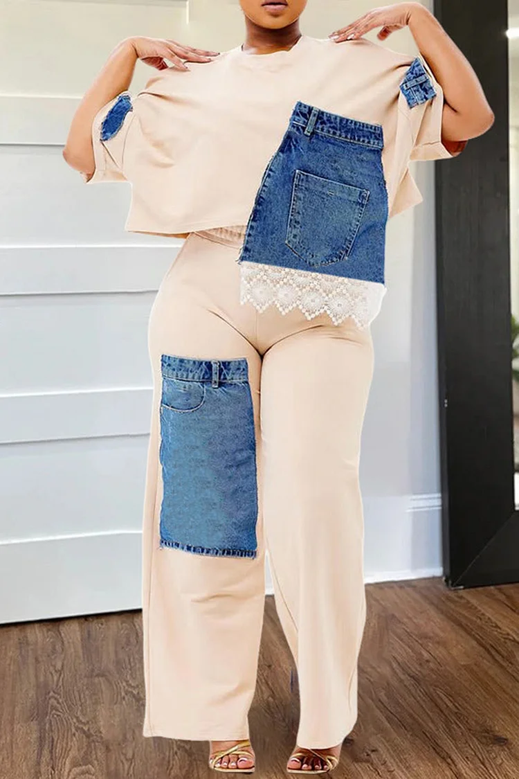 Plus Size Business Casual Khaki Casual Round Neck Short Sleeve Pocket Contrast Tencel Denim Two Piece Pant Sets [Pre-Order] 2024 - Xpluswear