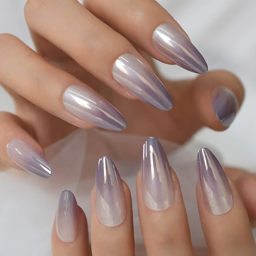 Gray Fadeing Glossy Press On Nails Almond Sharp Medium-Long Simple Design Gels Nails Supplies Full Cover Fingernails Wholesale-Nail Inspo