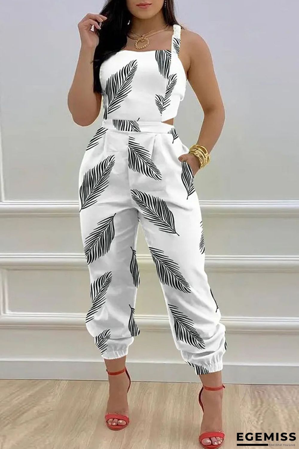 Black And White Fashion Casual Letter Print Bandage Backless Spaghetti Strap Regular Jumpsuits | EGEMISS