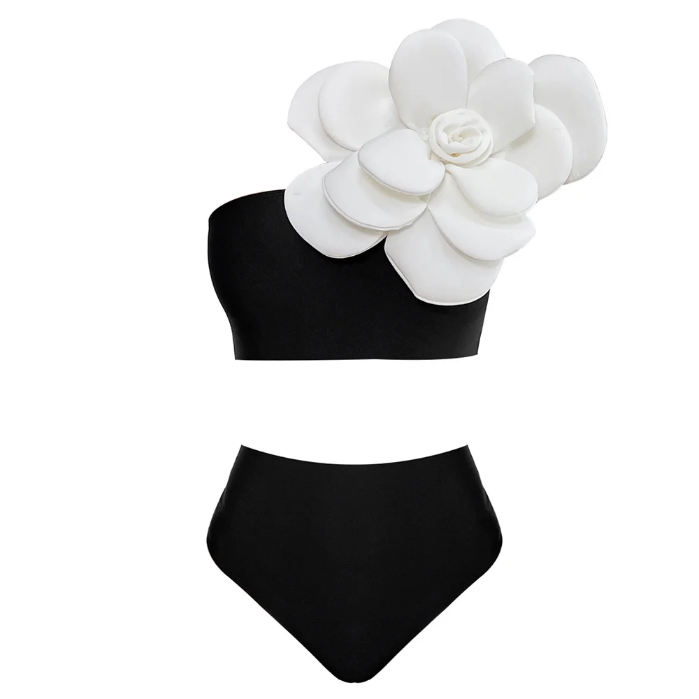 Uveng One-Shoulder Three-Dimensional Flower High-Waisted Solid Color Split Swimsuit Woman 2025 New Bikini