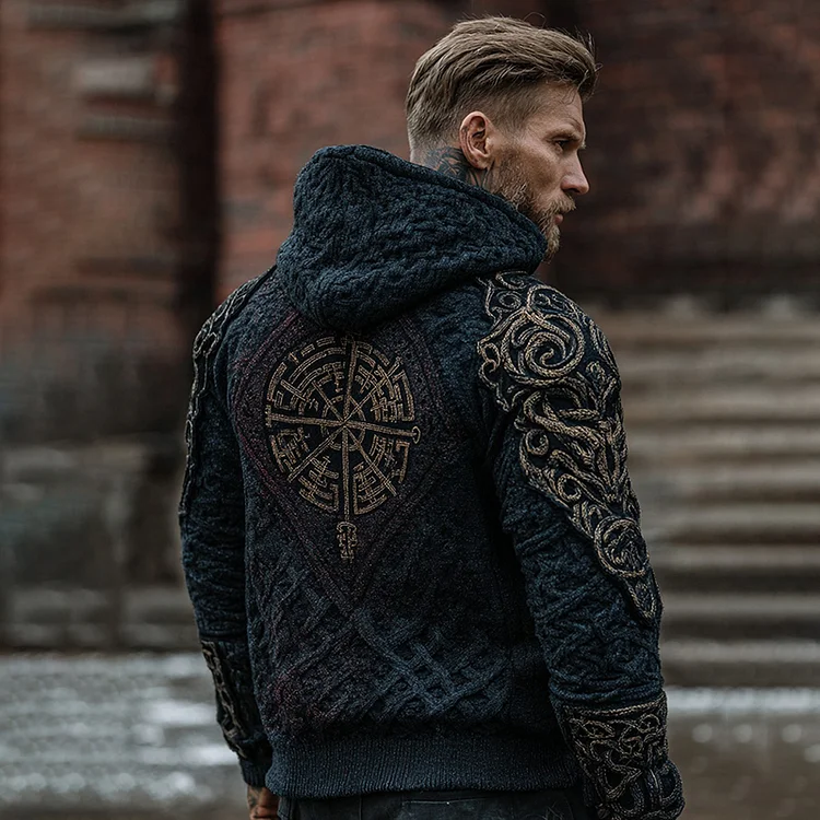 Men's Vintage Viking Runes Geometric Jacquard Knit Zipper Aran Sweater Hooded Cardigan