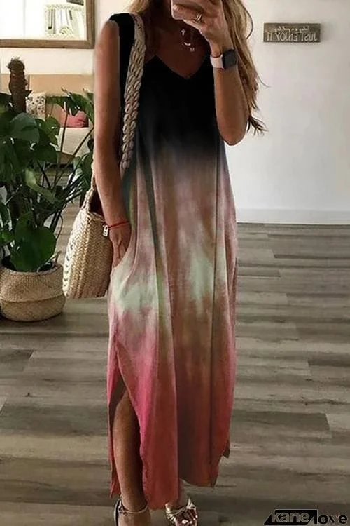 Gradient V Neck Pockets Slit Maxi Dress