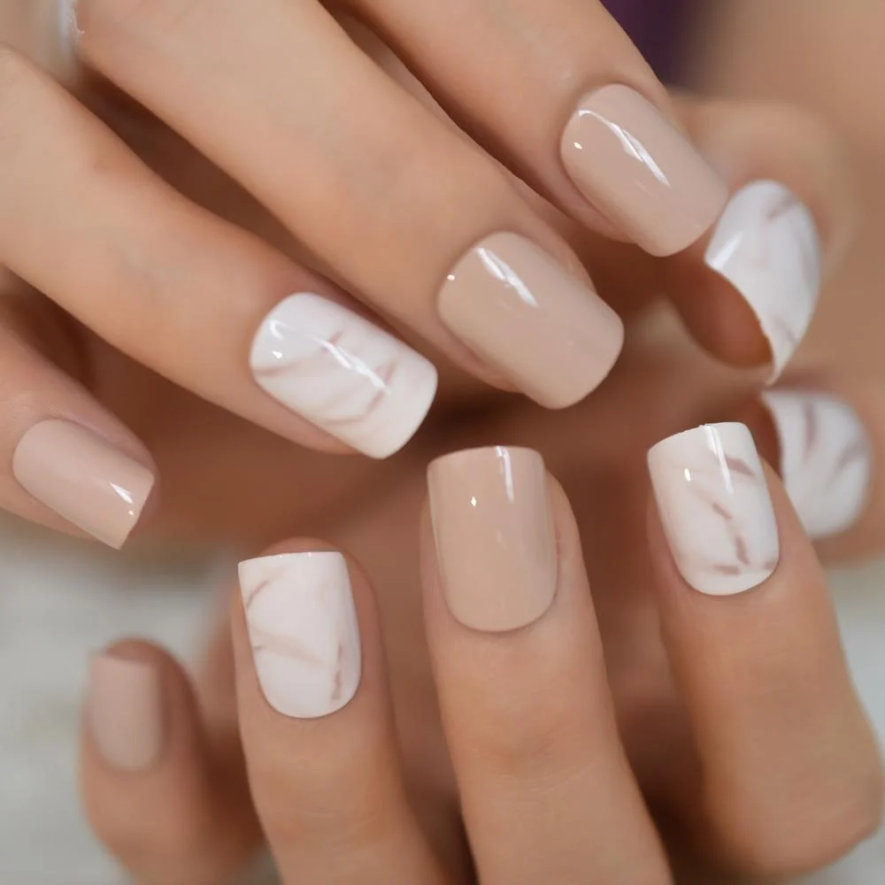 Classical Normal Size French Nail Nude White Tip Glossy Press On Fingernals for daily with glue sticker 24 928-Nail Inspo