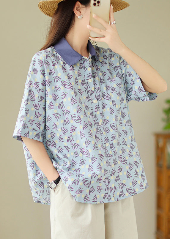 VCSHOES Loose Blue Peter Pan Collar Button Print Cotton Blouses Summer