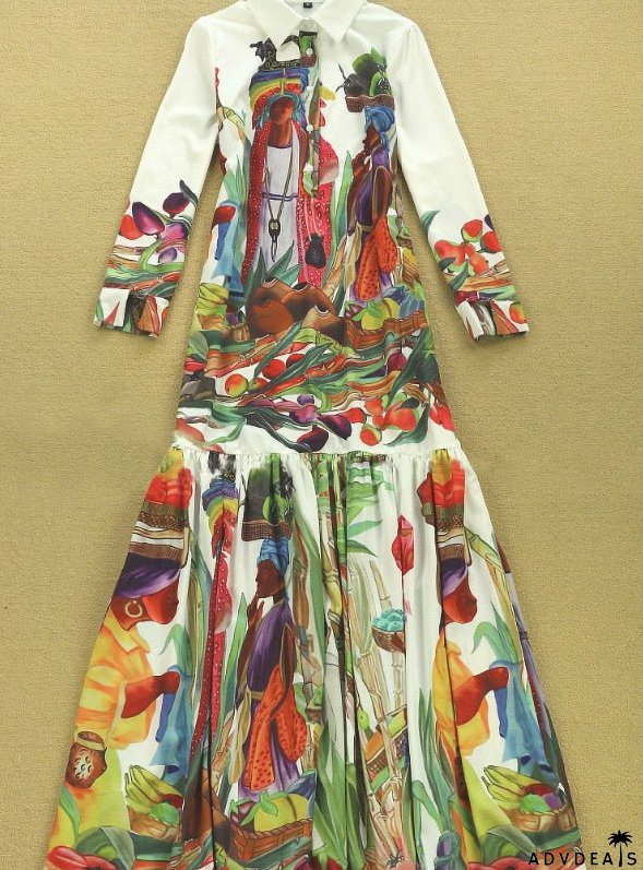 Maxi Dress with Turn Down Collar and Long Sleeves for Women