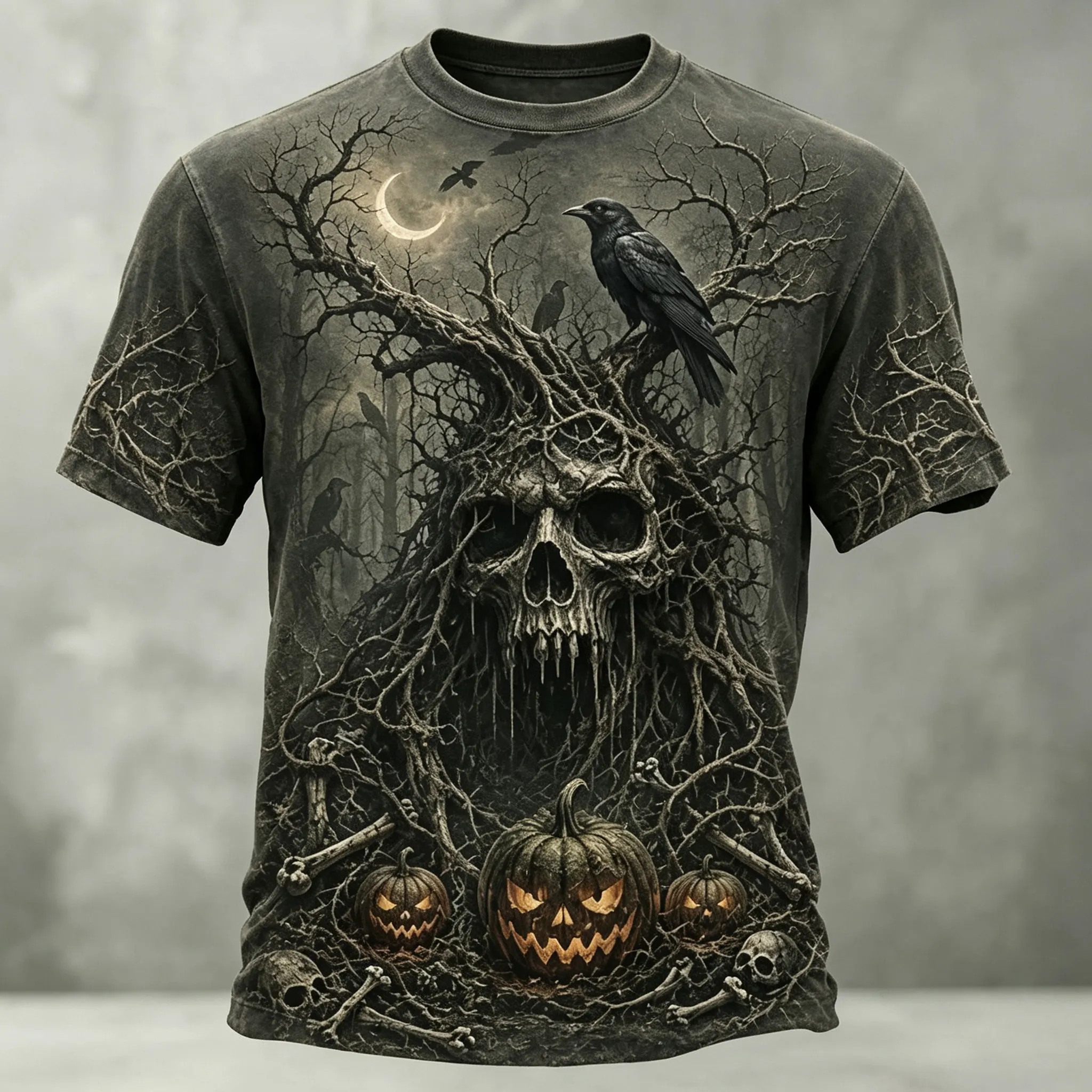 Men's Retro Halloween Skull And Pumpkin Print Casual T-shirt  artssus