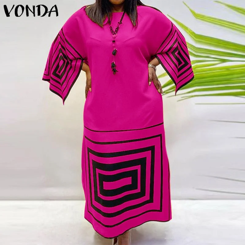 VONDA Women Bohemian Dress 2022 Casual Loose 3/4 Sleeve Holiday Dress Female Vintage Printed Party Vestidos Oversized Robe Femme