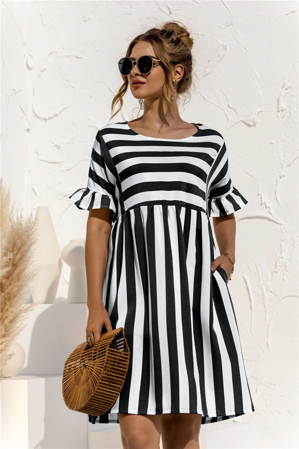 Leosoxs 2021 Summer New Fashion O Neck Women's Dress Casual Loose Solid Short Sleeve Ruffle Patchwork Pocket Ladies Stripe Dress