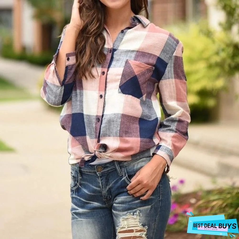 Fashion Women Casual Matching Color Long Sleeve Button Loose Plaid Shirt Top Blouse