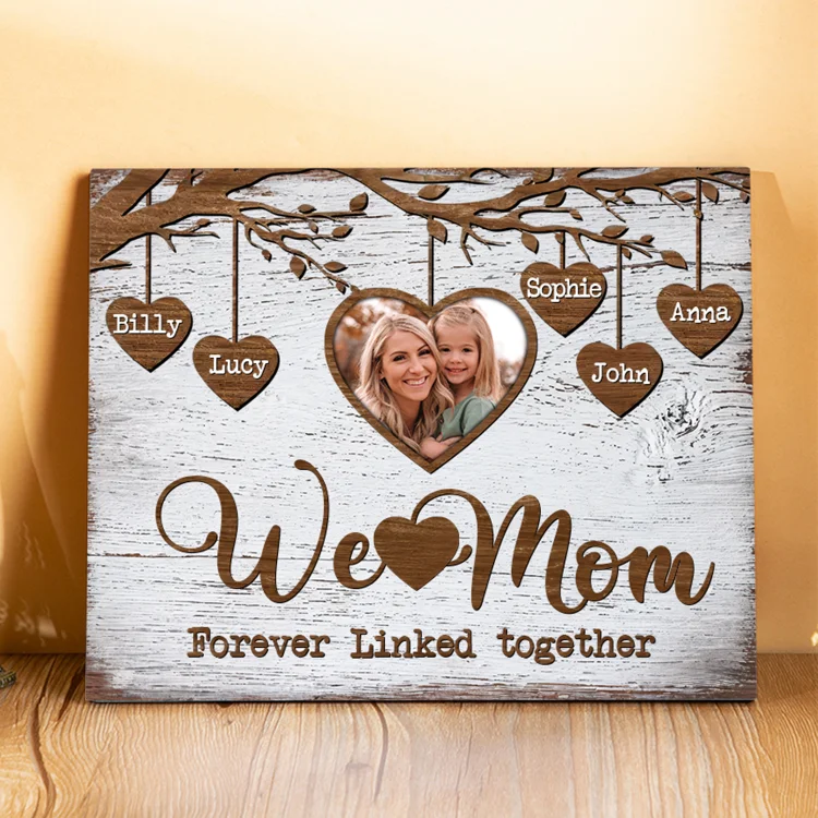 Personalized 5 Names & 1 Photo Wooden Plaque Custom Family Tree Home Decor Mother's Day Gifts - We Love Mom, Forever Linked Together
