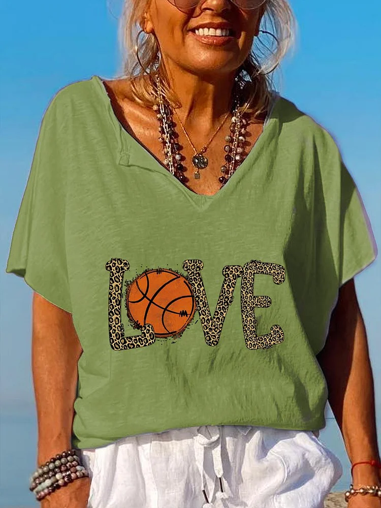 Love Leopard basketball V Neck T-shirt-Annaletters