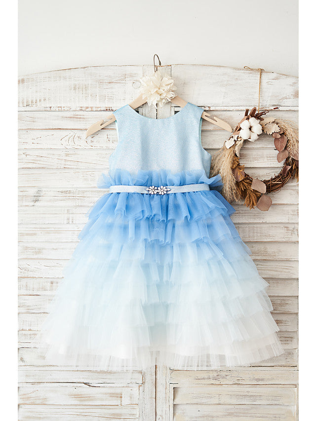 Oknass Sleeveless Jewel Neck Ball Gown Flower Girl Dress Tulle With Belt Crystals