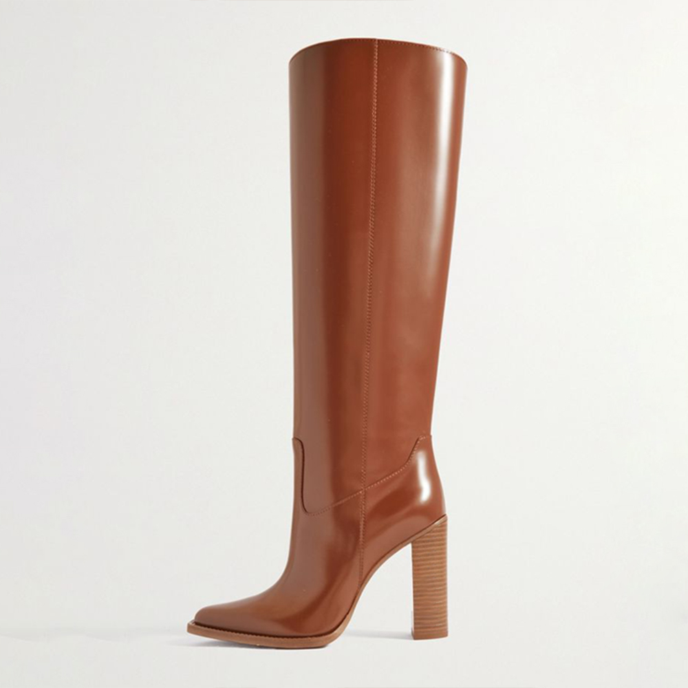 Brown Closed Pointed Toe Knee High Winter Boots With Chunky Heels Nicepairs