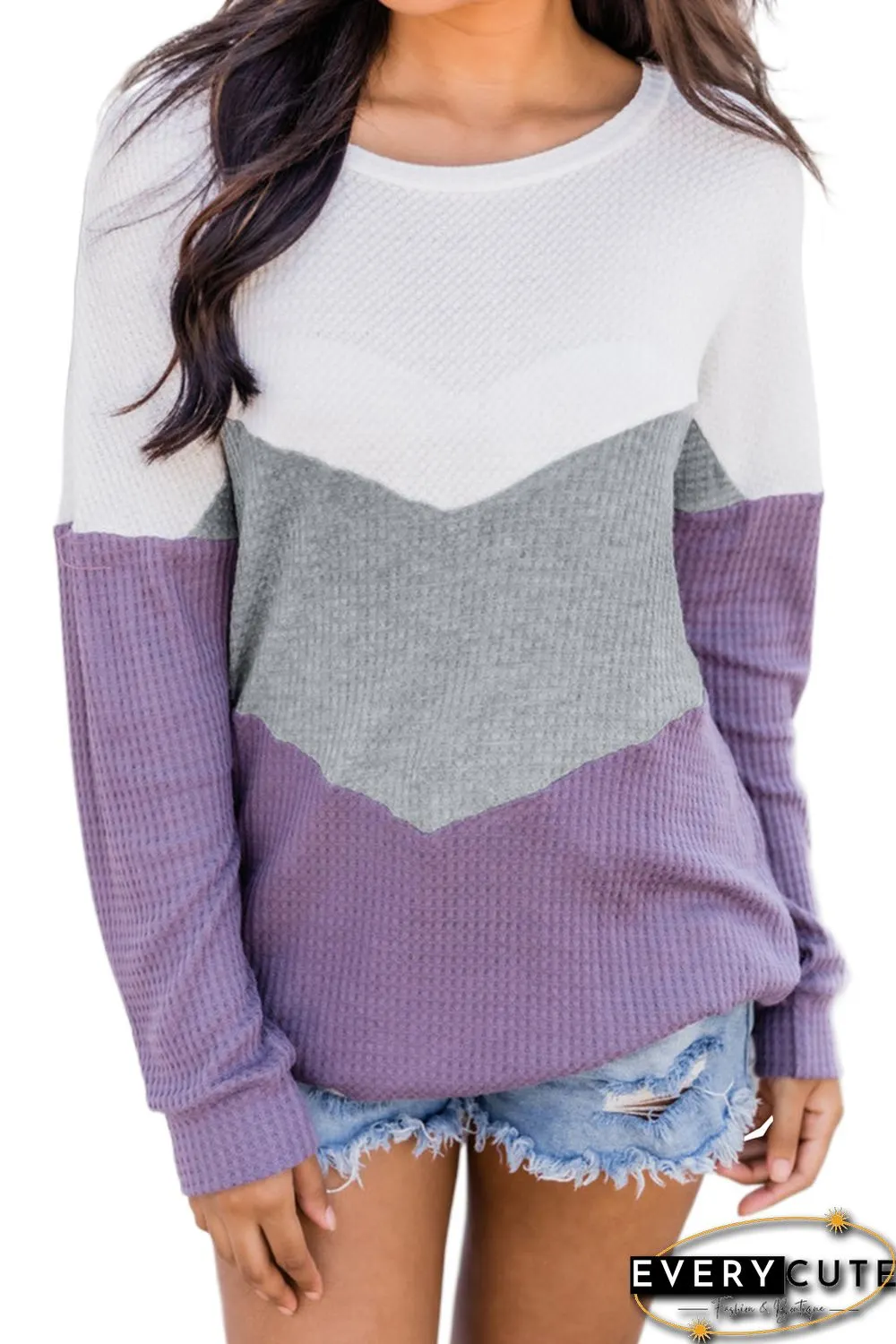 Purple Chevron Waffle Colorblock Pullover Sweatshirt