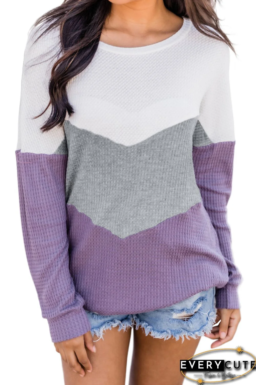Purple Chevron Waffle Colorblock Pullover Sweatshirt