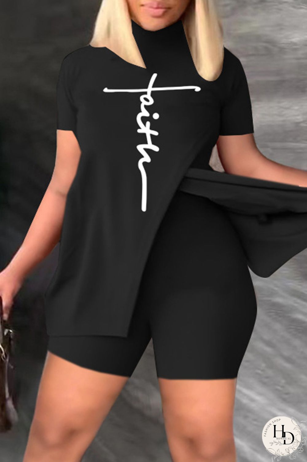 Khaki Casual Print Slit Turtleneck Short Sleeve Two Pieces