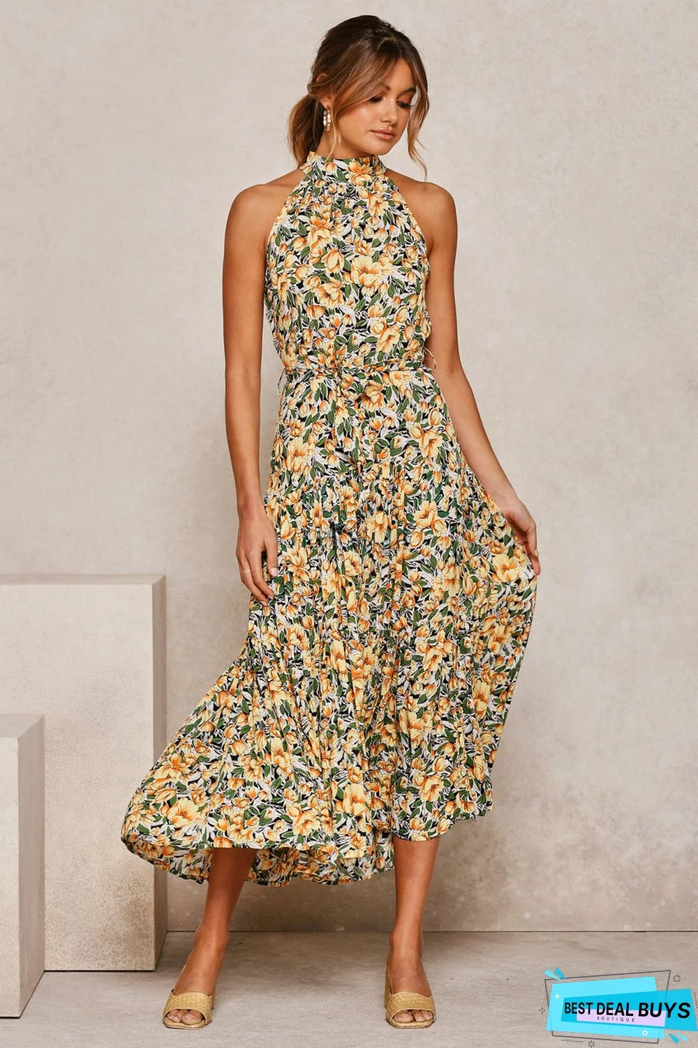 Neck Print Lace-Up Dress