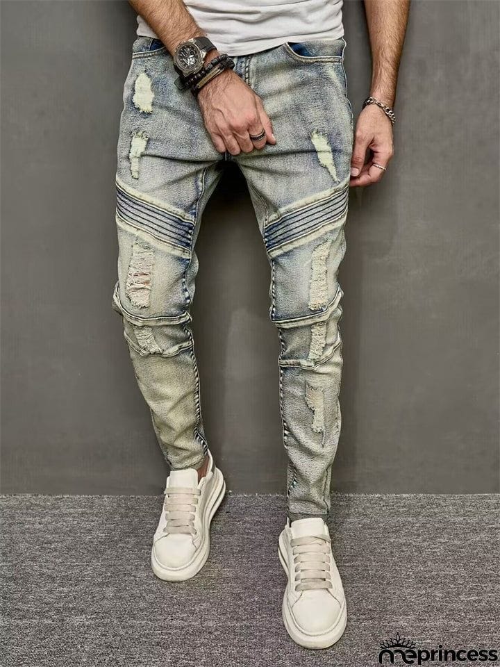 Men's Blue Ripped Elastic Slim Fit Casual Jeans
