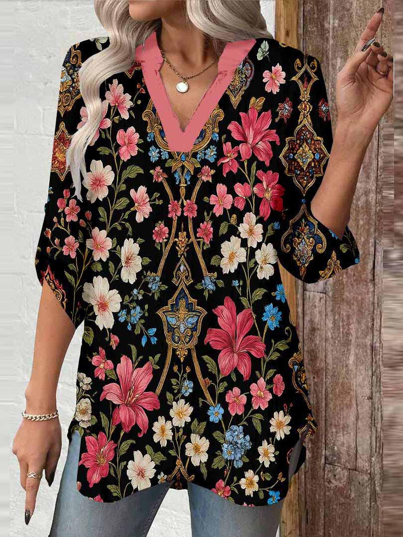 Women Floral,Black,Red DZGA0253 3/4 Sleeve V-neck Printed Graphic Button Tops