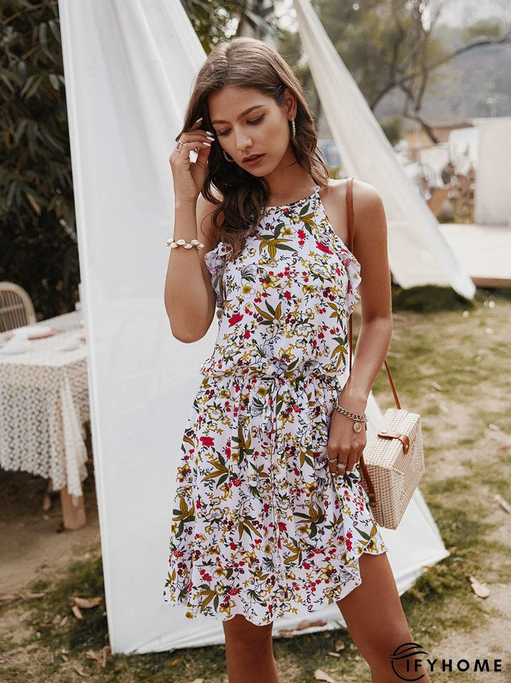 Summer Ladies Slim Halter Print Dress Women Casual Sleeveless Ruffles Above Knee Mini Floral Dress | IFYHOME