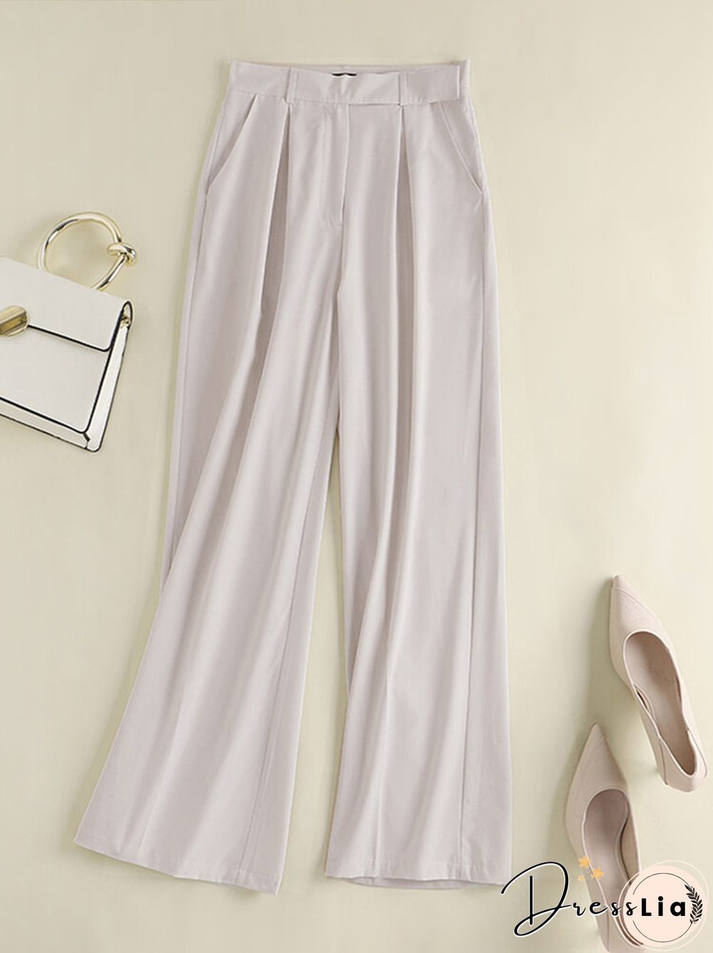 Casual Solid Pocket Wide Leg Pants For Women