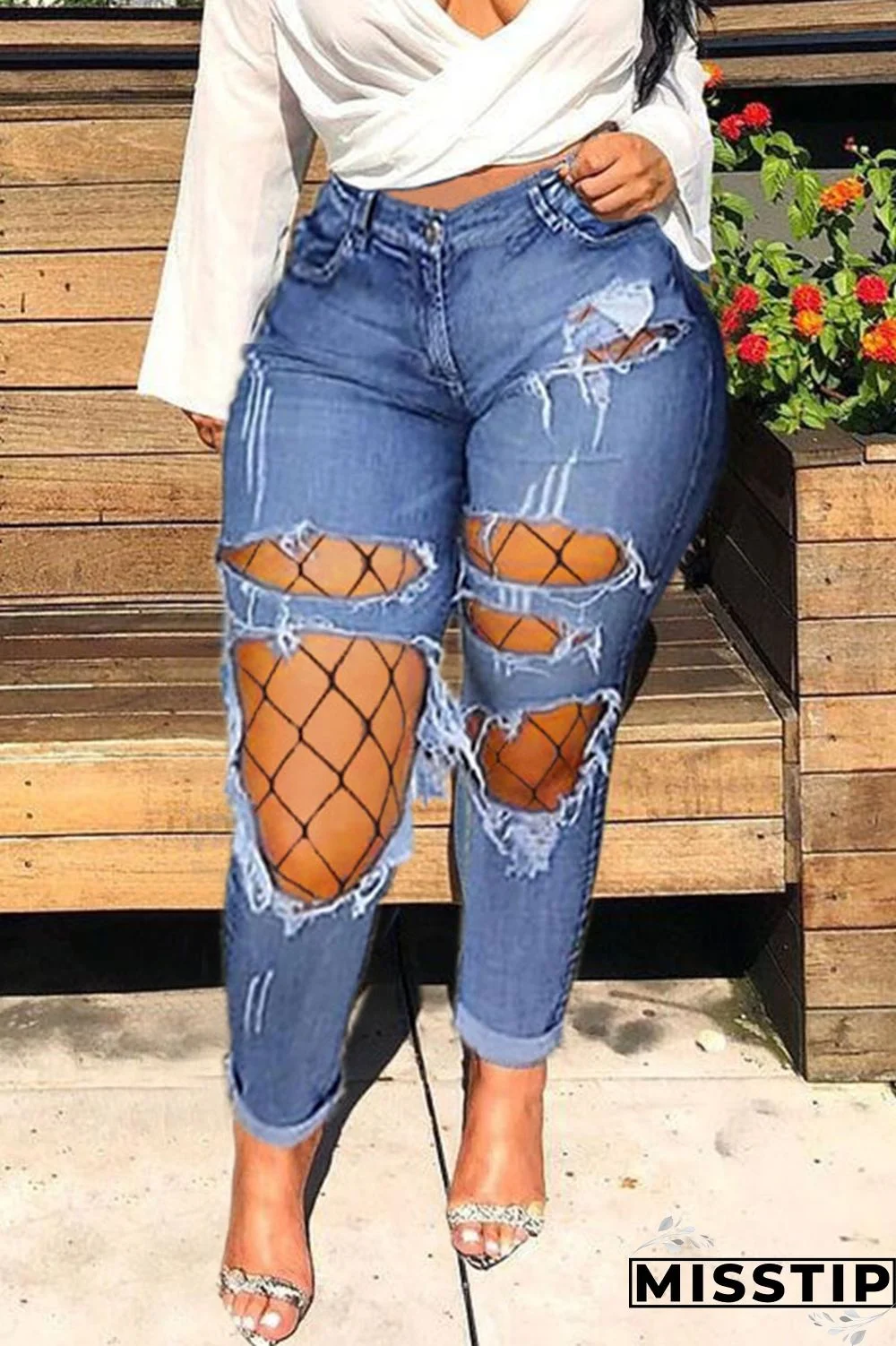 Light Blue Sexy Solid Ripped Buttons High Waist Regular Denim