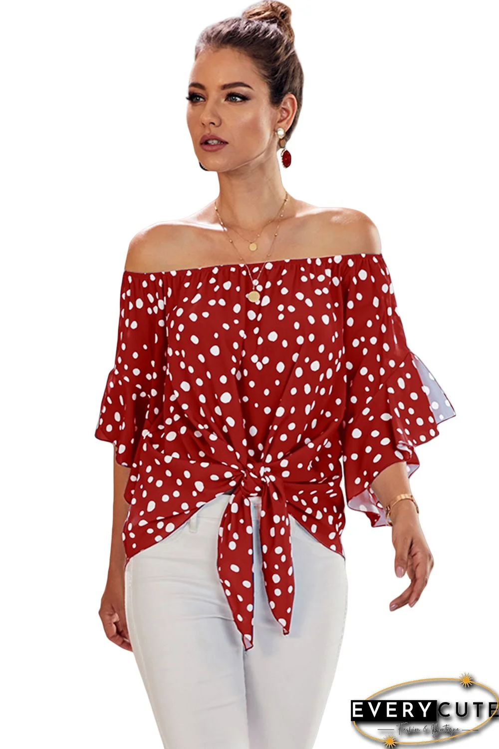 Red Polka Dot 3/4 Bell Sleeve Off Shoulder Front Tie Knot Top