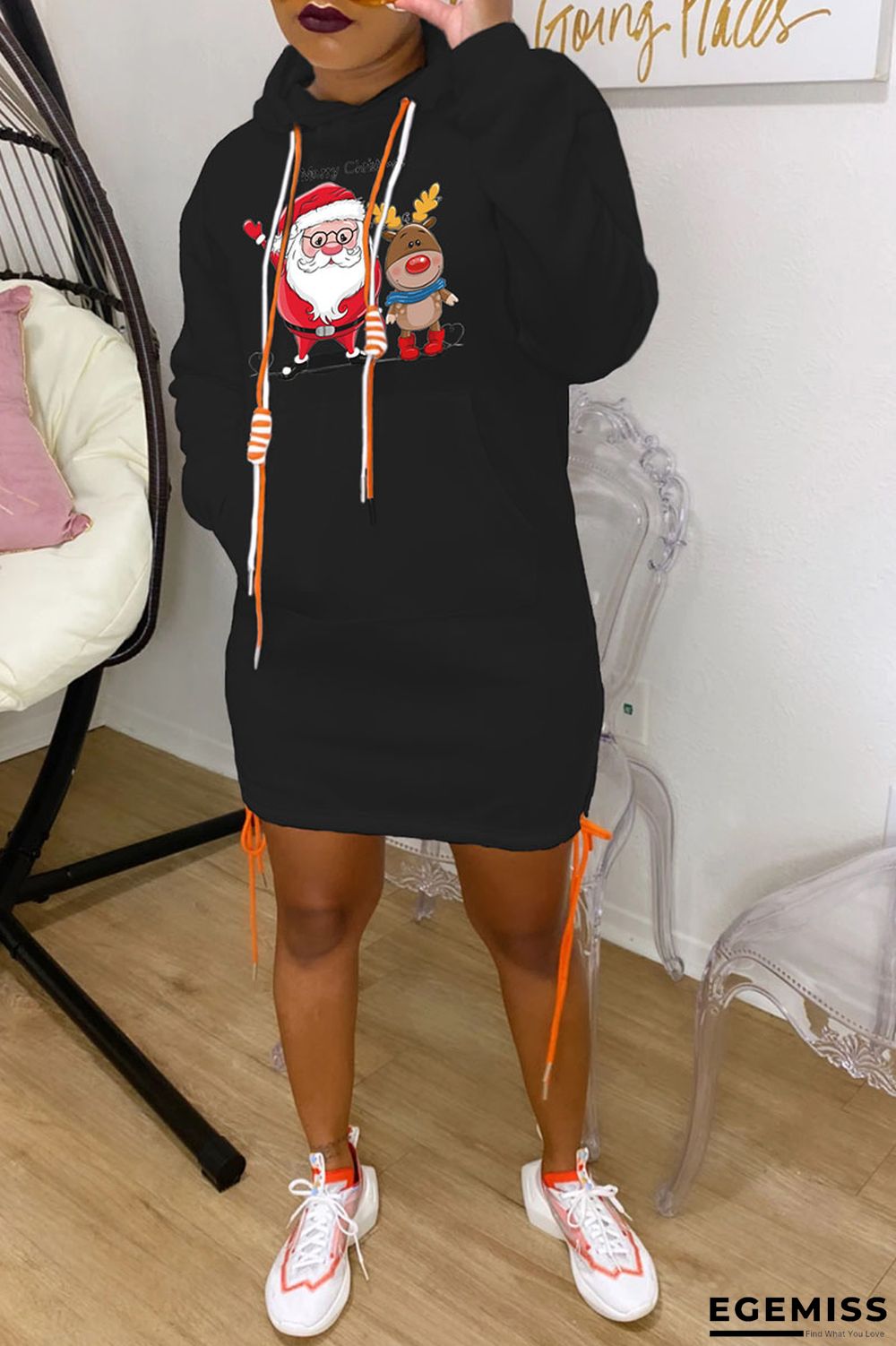 Black Fashion Print Santa Claus Bandage Pocket Hooded Collar One Step Skirt Dresses | EGEMISS