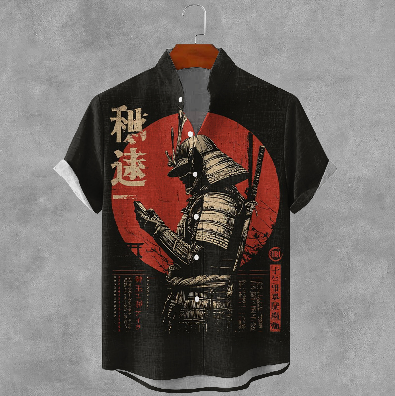 Men's Japanese Style Samurai Art Print Short Sleeve Shirt elevenforest