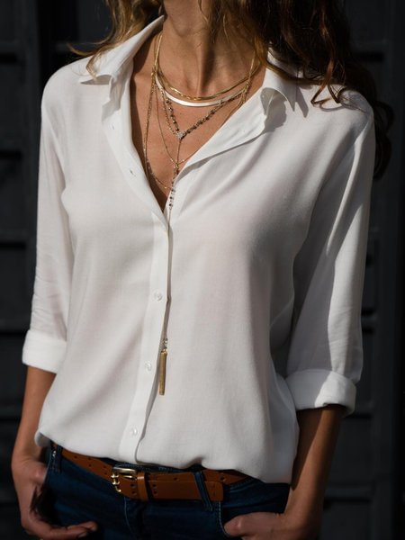 Solid Long Sleeve Casual Stand Collar Chiffon Plus Size Blouse