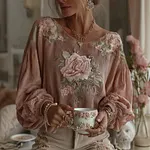 Women's Bohemian Floral Pattern Linen Crew Neck T-shirt - Image 2