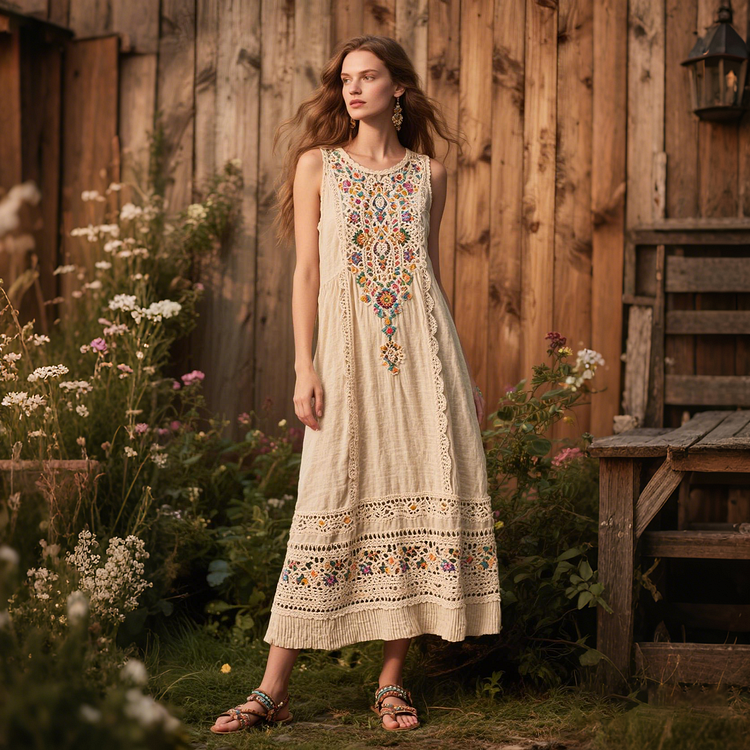 Utbros Vintage Tribal Floral Lace Panel Linen Dress