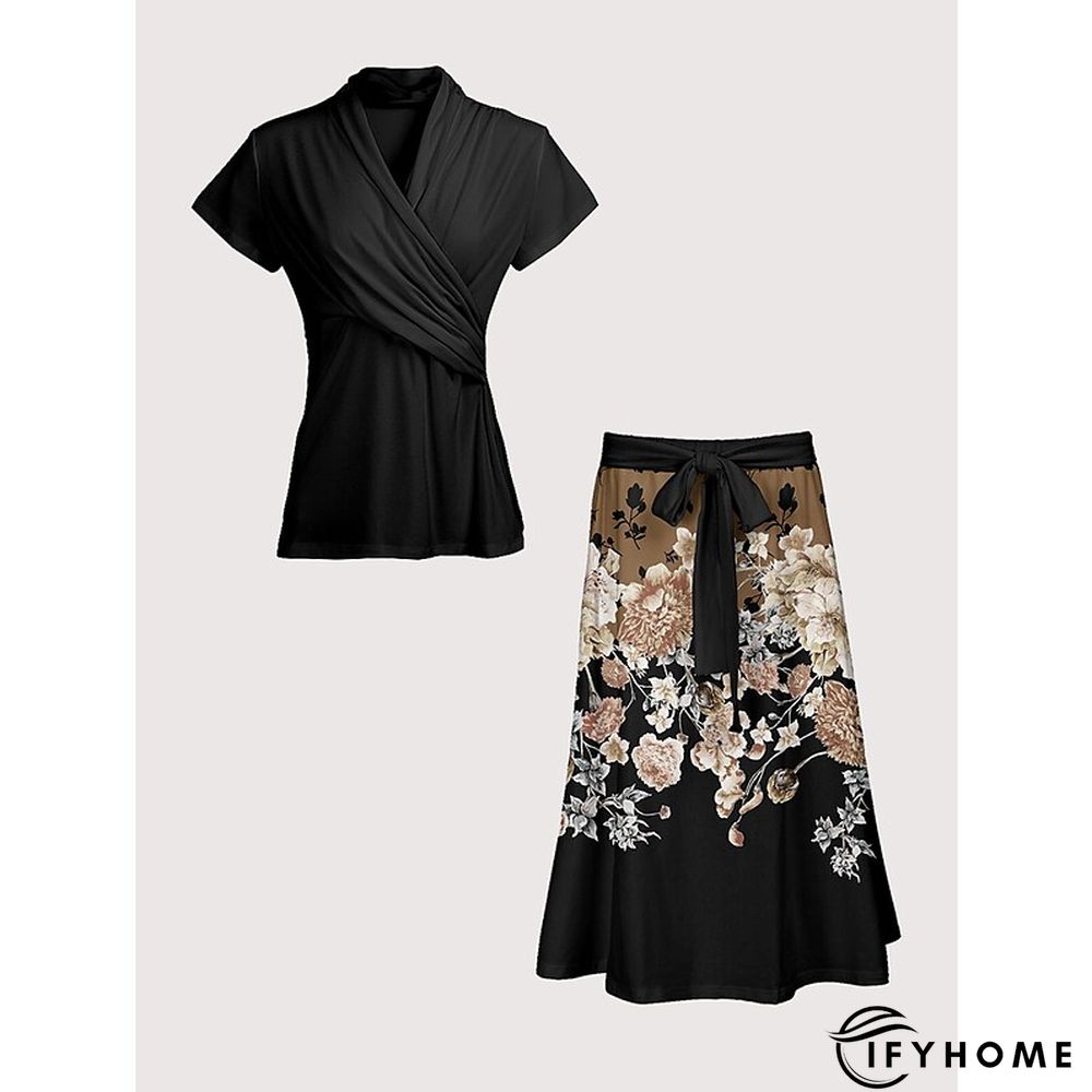 Women's Dress Set Casual Dress Two Piece Dress Daily Vacation Fashion Casual Lace up Ruched Maxi Dress V Neck Short Sleeve Floral Regular Fit Black Spring Summer S M L XL XXL | IFYHOME