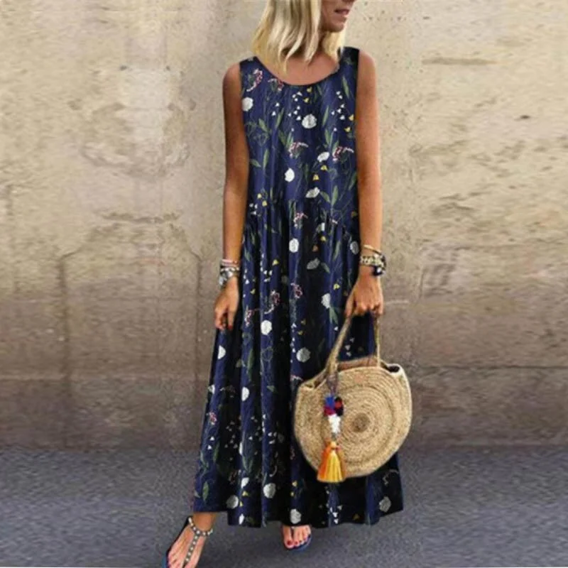 ELSVIOS Plus Size Women Floral Print Sleeveless Button Maxi Dress Elegant Bohemian Summer Long Dress Ladies O-Neck Vintage dress