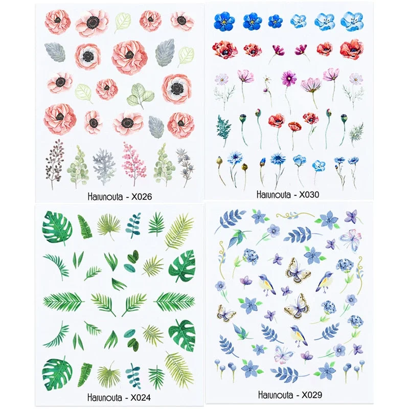 Harunouta Spring Flower Leaf Water Decals Love Heart Geometric Lines Nail Art Stickers DIY Slider Manicures Nail Art Decoration