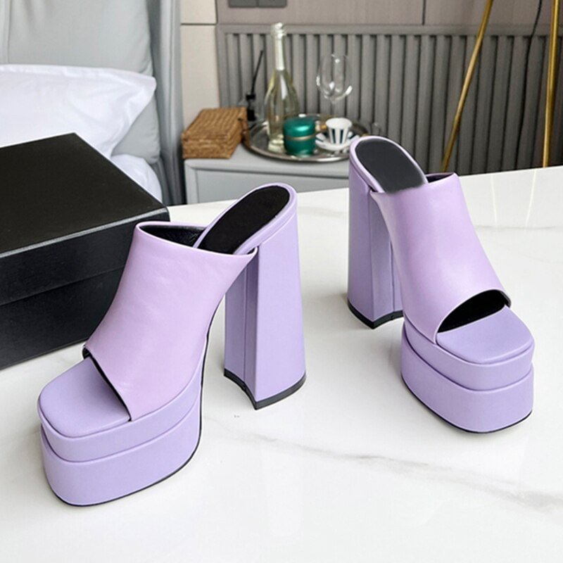Yyvonne Women Slippers Double Platform Genuine Leather Fashion Open Toe Square Toe Plus Size 43 Chunky High Heels Shoes