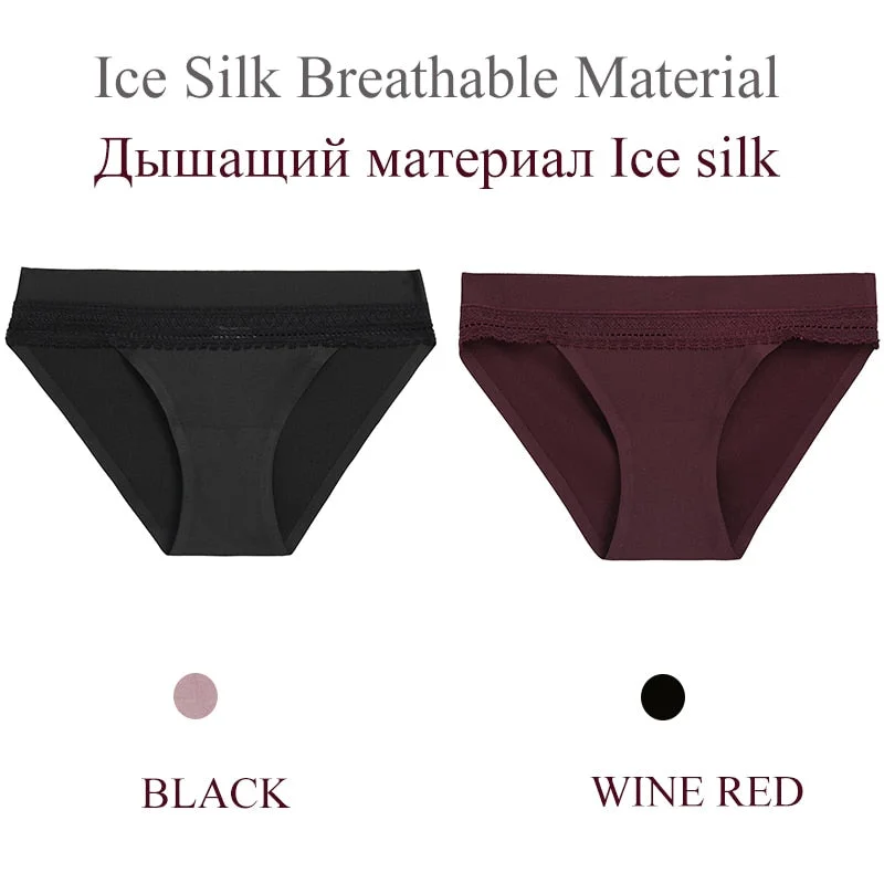 FINETOO 2PCS/Set Woman Lace Sexy Panties Ice Silk Women Underwear Seamless Low-Rise Lingerie Female Breathable Girls Panty 2021