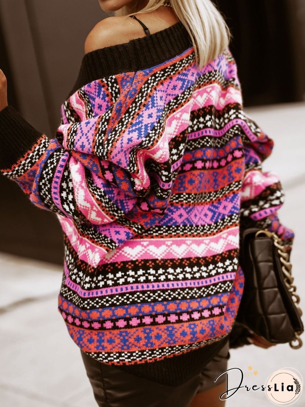 Casual Wool/Knitting Geometric Jacquard V Neck Sweater Coat