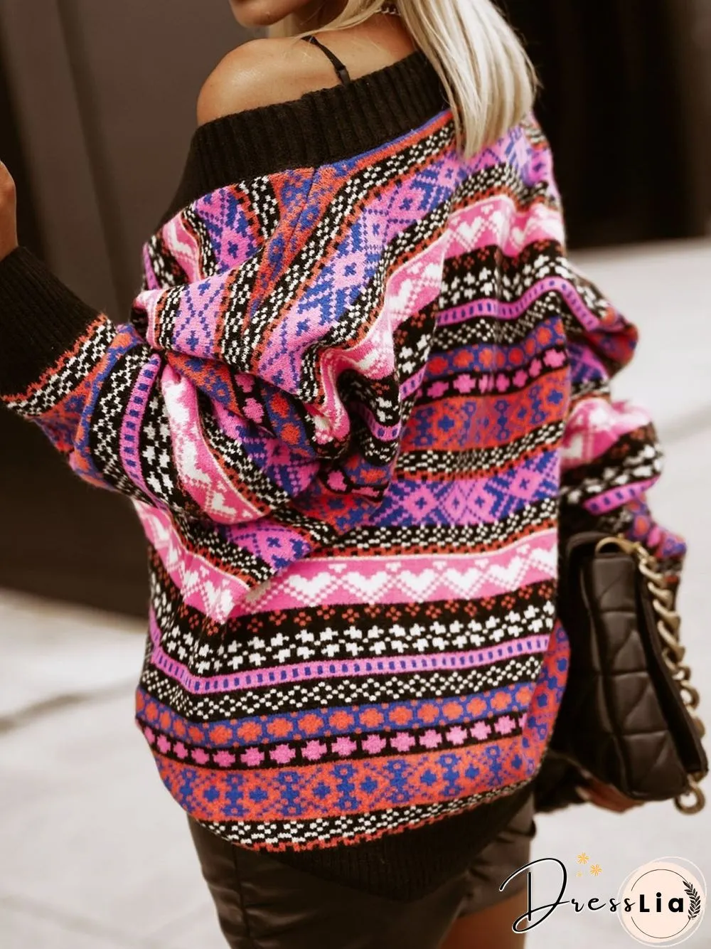 Casual Wool/Knitting Geometric Jacquard V Neck Sweater Coat