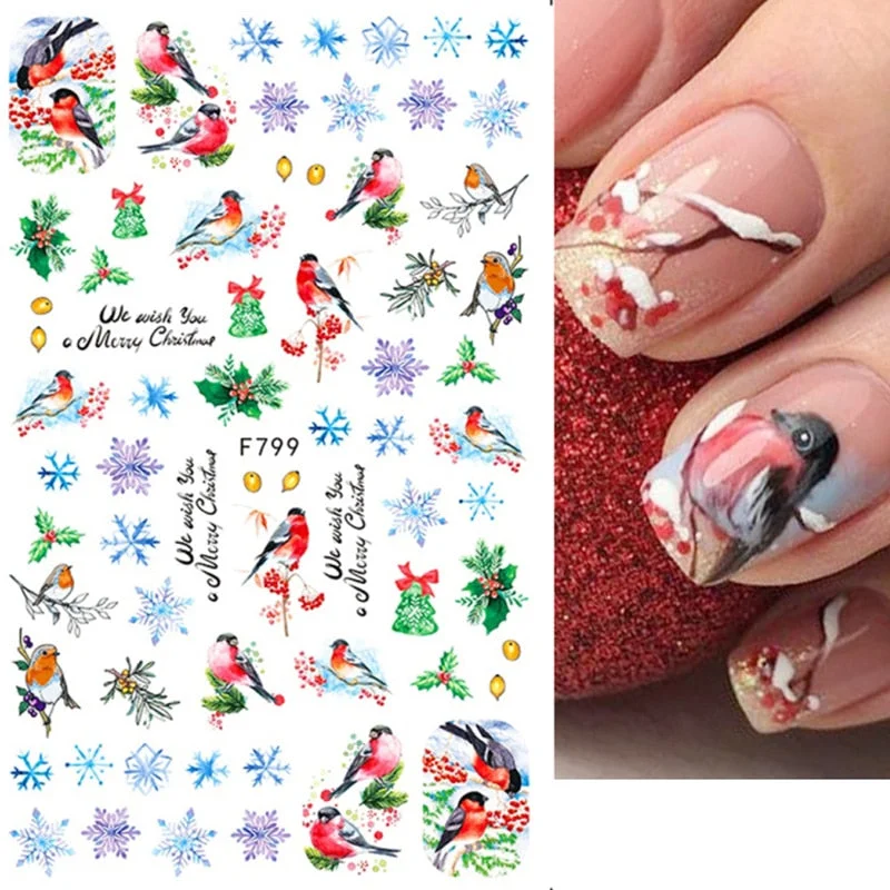 3D Winter Christmas Nail Design Snowflake Bird Leaf New Year Slider Nail Stickers Manicure Colorful Decals Decoration F792-F801