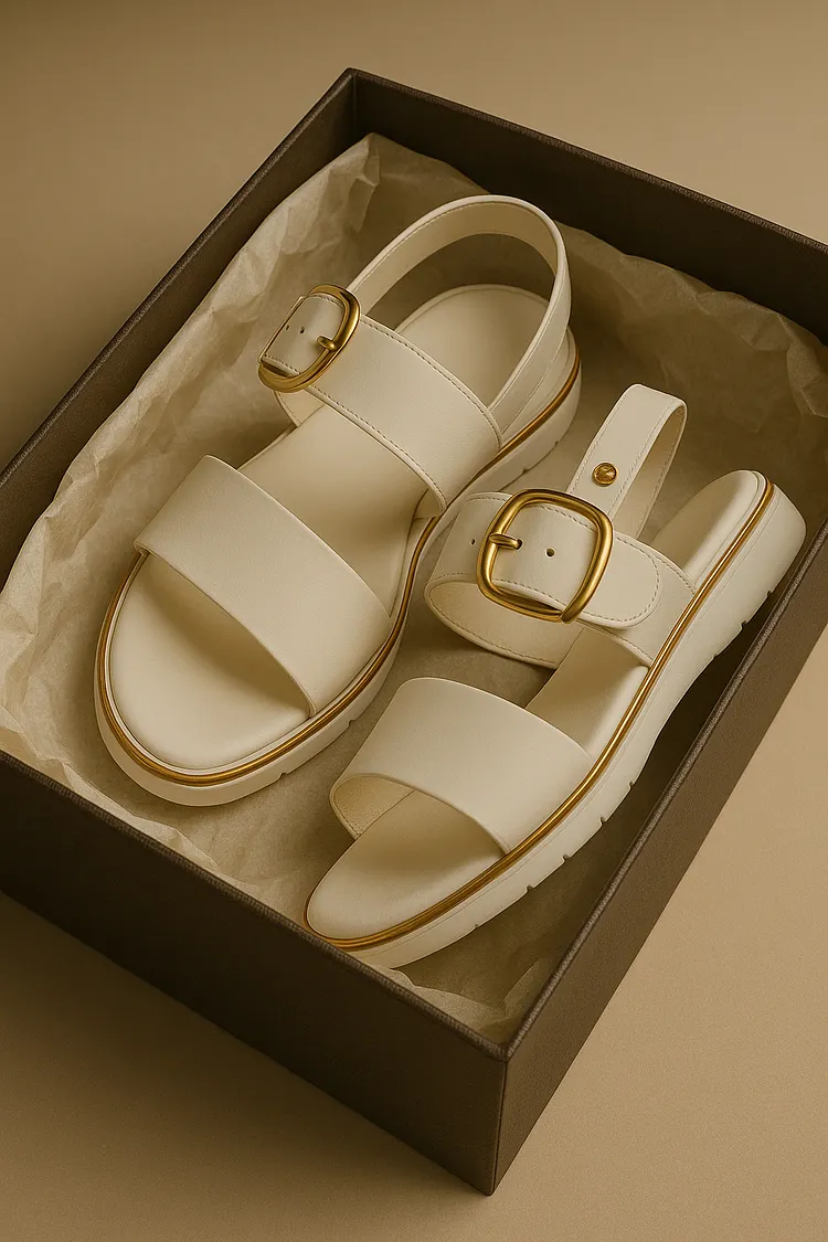 | Gold-Buckle Strap Sandals