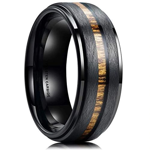 Women's Or Men's Wedding Tungsten Carbide Wedding Band Matching Rings,Black with Centered Koa Wood Slice Inlay,Flat Edged Tungsten Carbide Ring,Comfort Fit Brushed Tungsten Carbide Wedding Ring With Mens And Womens For Width 6MM 8MM