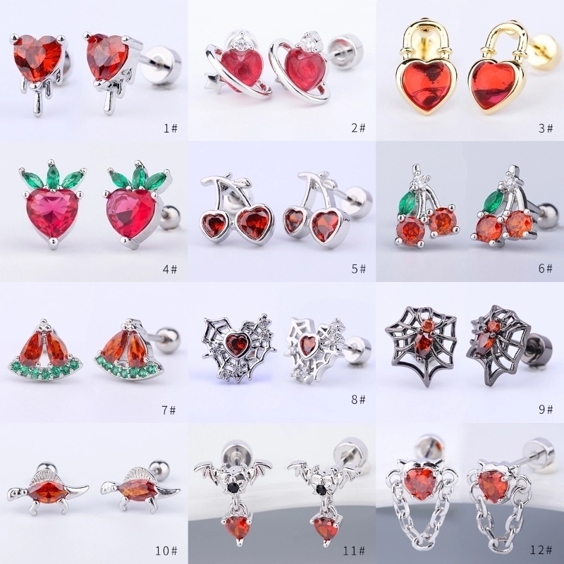 1 Piece IG Style Y2K Cherry Fruit Heart Shape Copper Zircon Drop Earrings Ear Studs