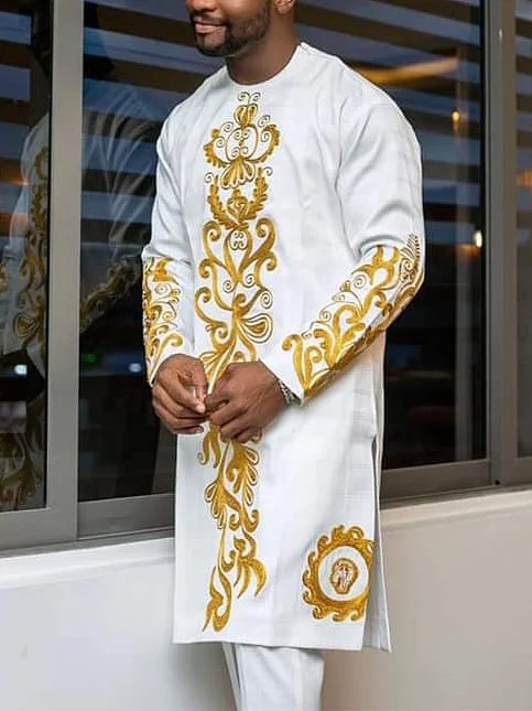 Men's casual white printed long-sleeve top
