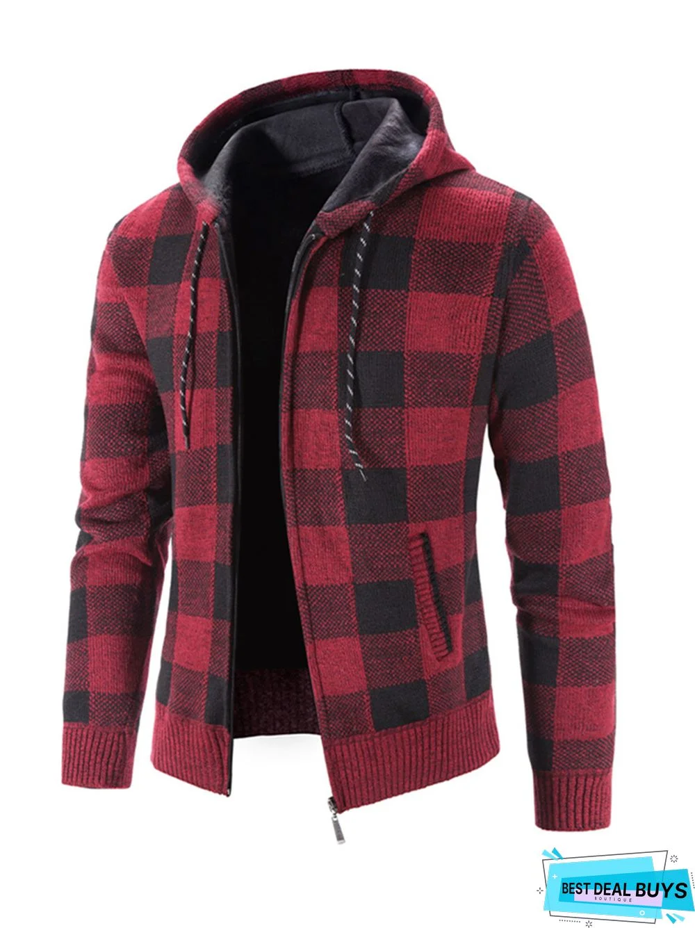 Men's Plaid Color Matching Hooded Loose Long Sleeve Sweater Coat